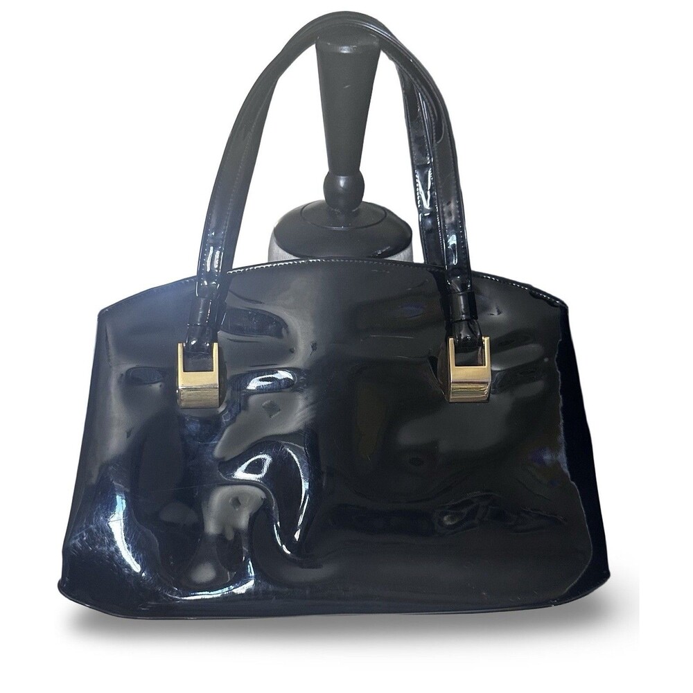 Vintage 1950s CROWN LEWIS Black Patent Leather Double Handle Purse Handbag